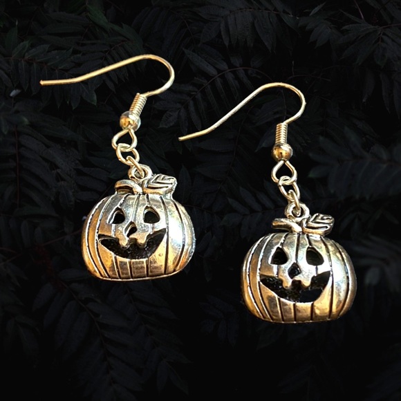 Hand Crafted Jewelry - Hand Crafted Earrings Halloween Pumpkin Charm Silver Metal Dangle Pierced